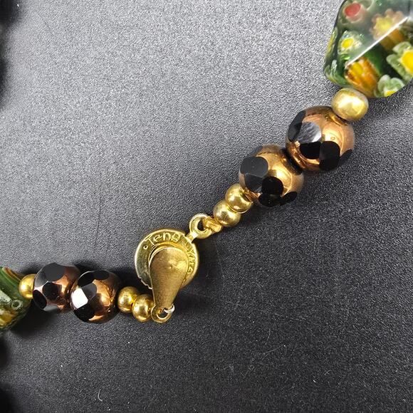 Vintage Teng Yue Green Millefiori Glass Beaded Necklace Floral - Picture 9 of 10